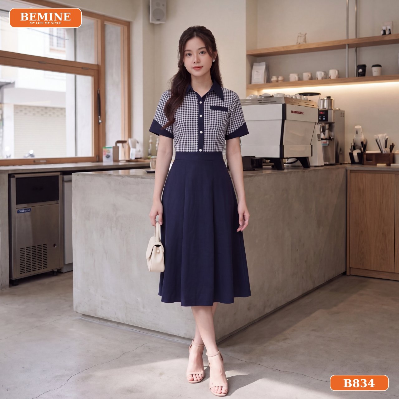 Đầm chữ A cổ sơ mi B834 diện đi dạo phố thanh lịch