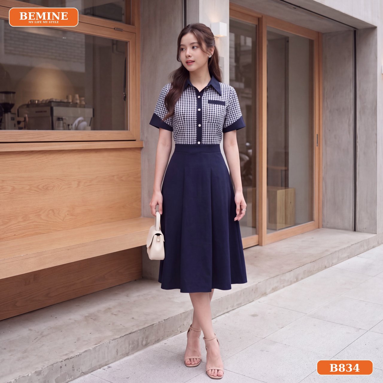 Gợi ý phối phụ kiện nhẹ nhàng cùng đầm chữ A cổ sơ mi B834