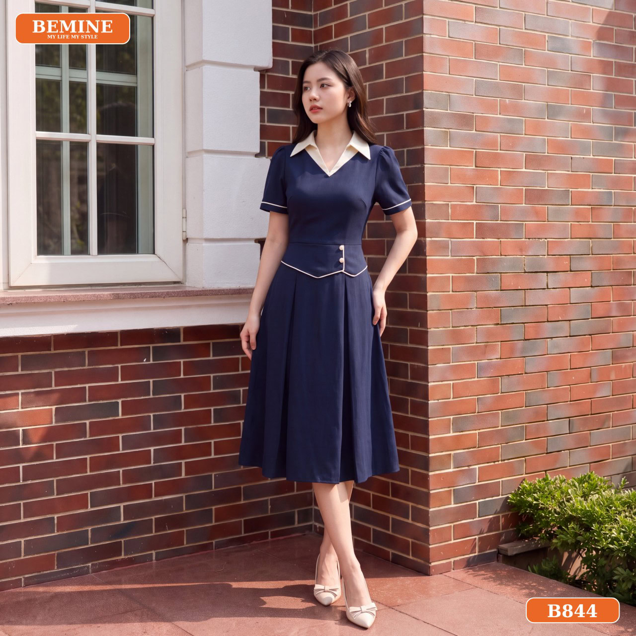 Chi tiết cổ sơ mi phối viền đầm B844 BEMINE