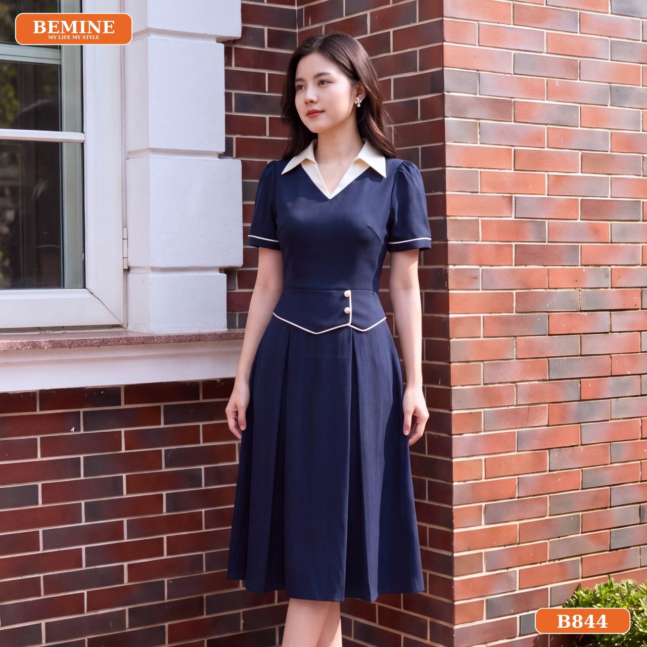 Gợi ý phối phụ kiện với đầm công sở cổ sơ mi B844