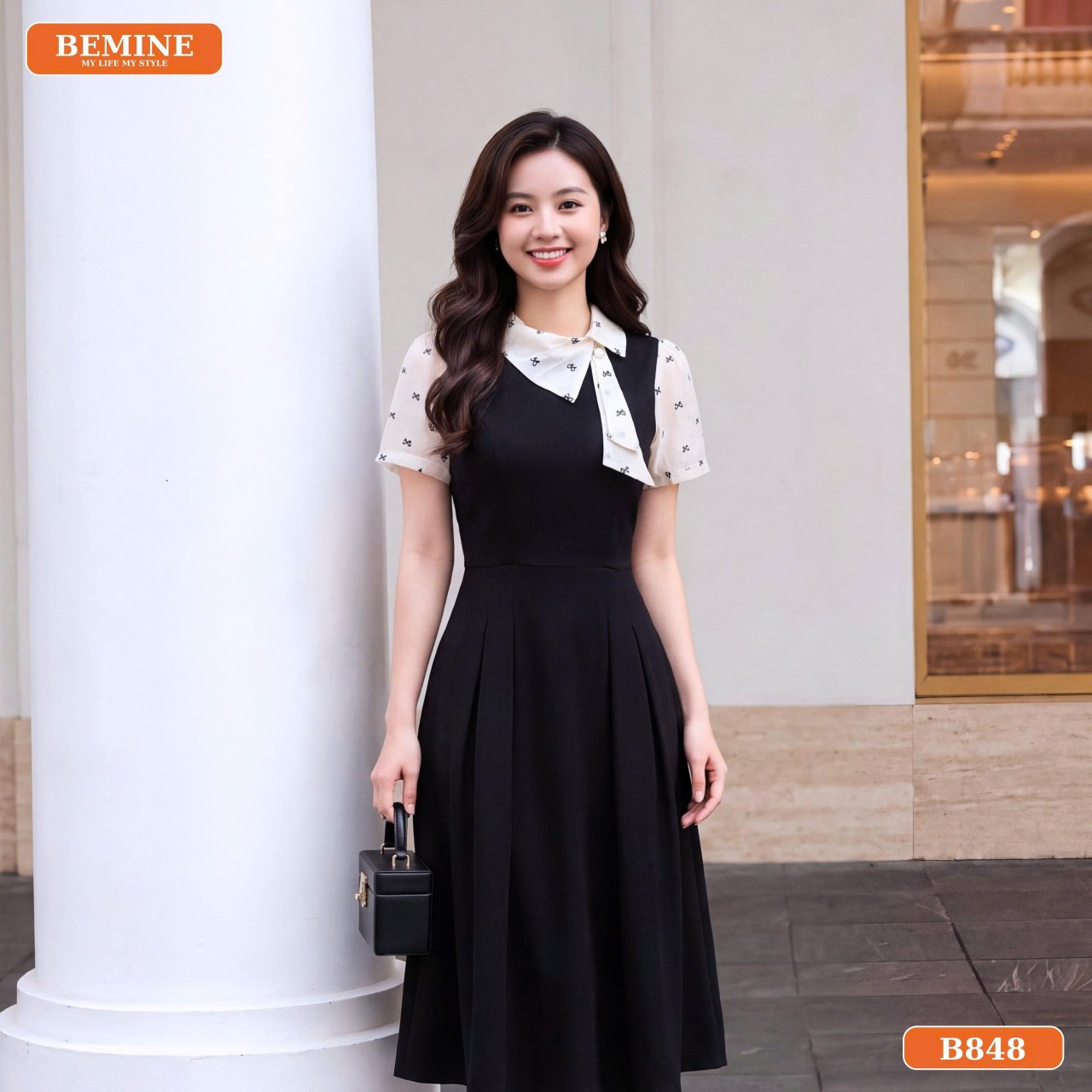 Trang phục công sở đầm chữ A cổ lệch B848 BEMINE