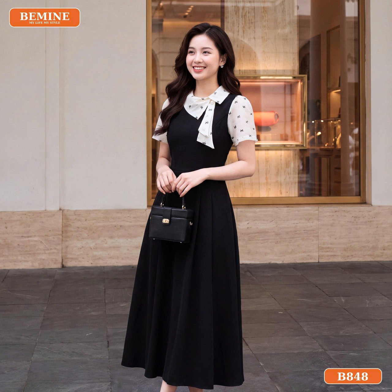Gợi ý phối phụ kiện cùng đầm chữ A cổ lệch B848