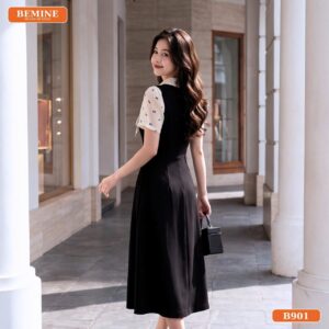 Tổng thể mặt sau đầm chữ A cổ lệch B848 BEMINE