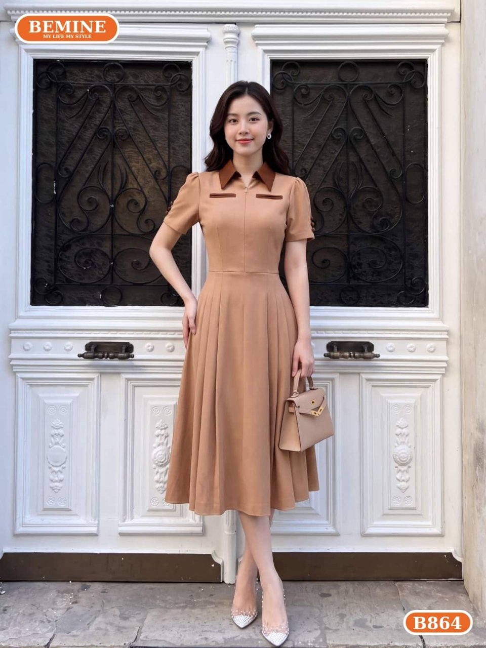 đầm thiết kế cổ phối dây kéo trước dáng chữ A B864