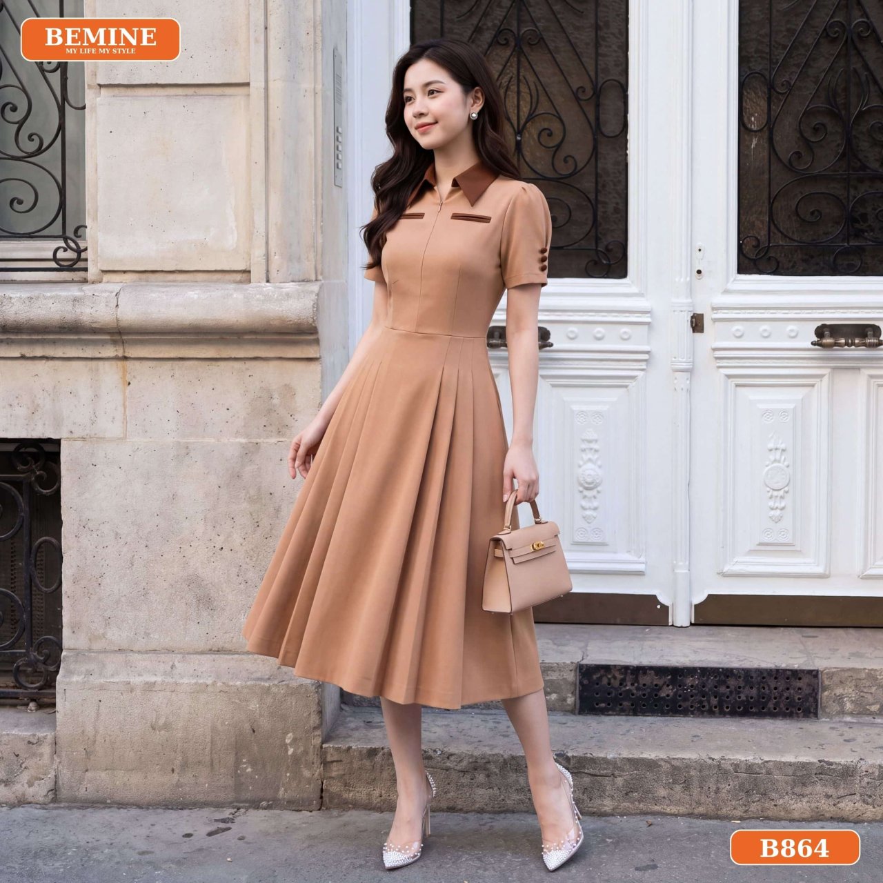 Chi tiết cổ phối dây kéo đầm công sở B864