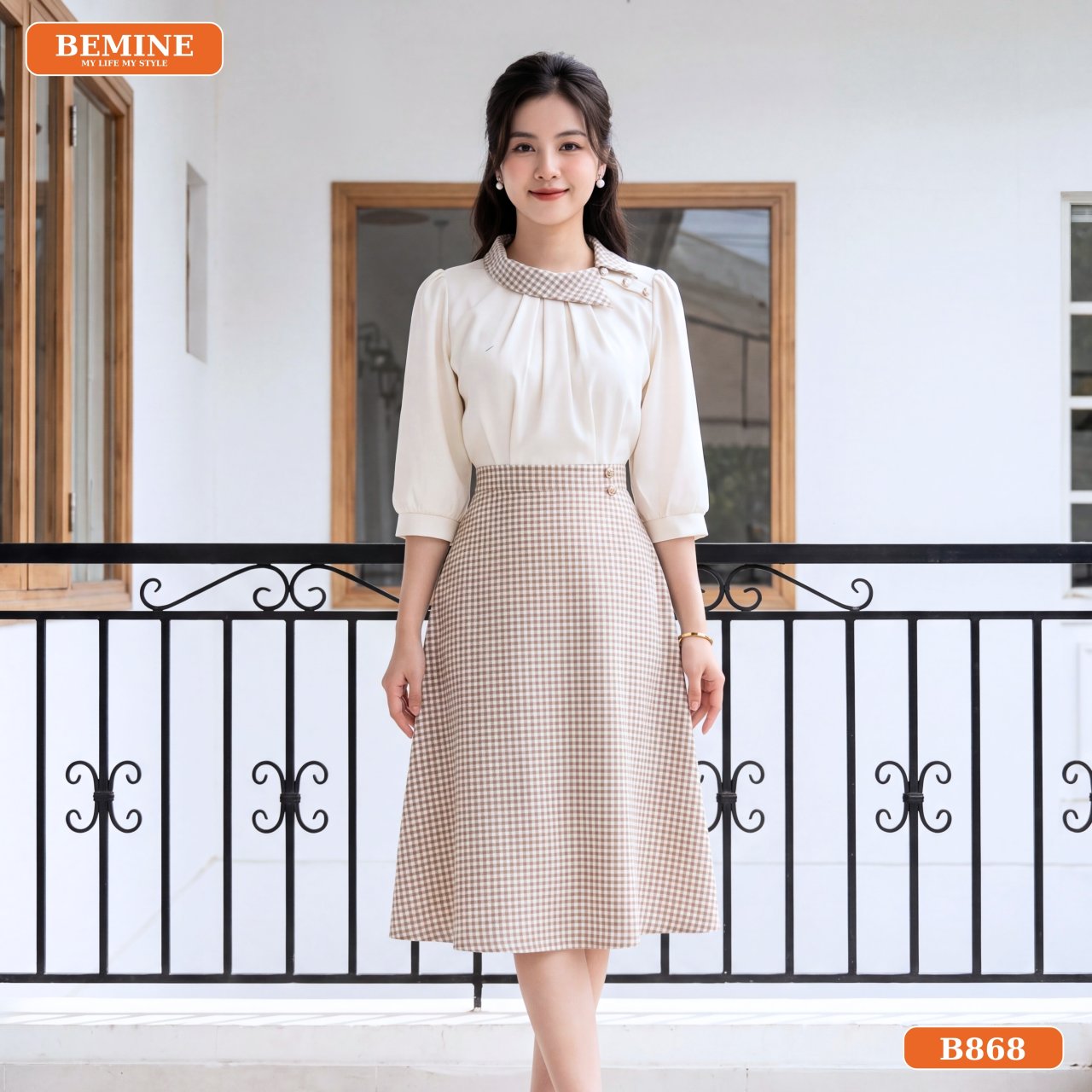 Gợi ý phối đồ với đầm chữ A caro B868 cùng giày cao gót