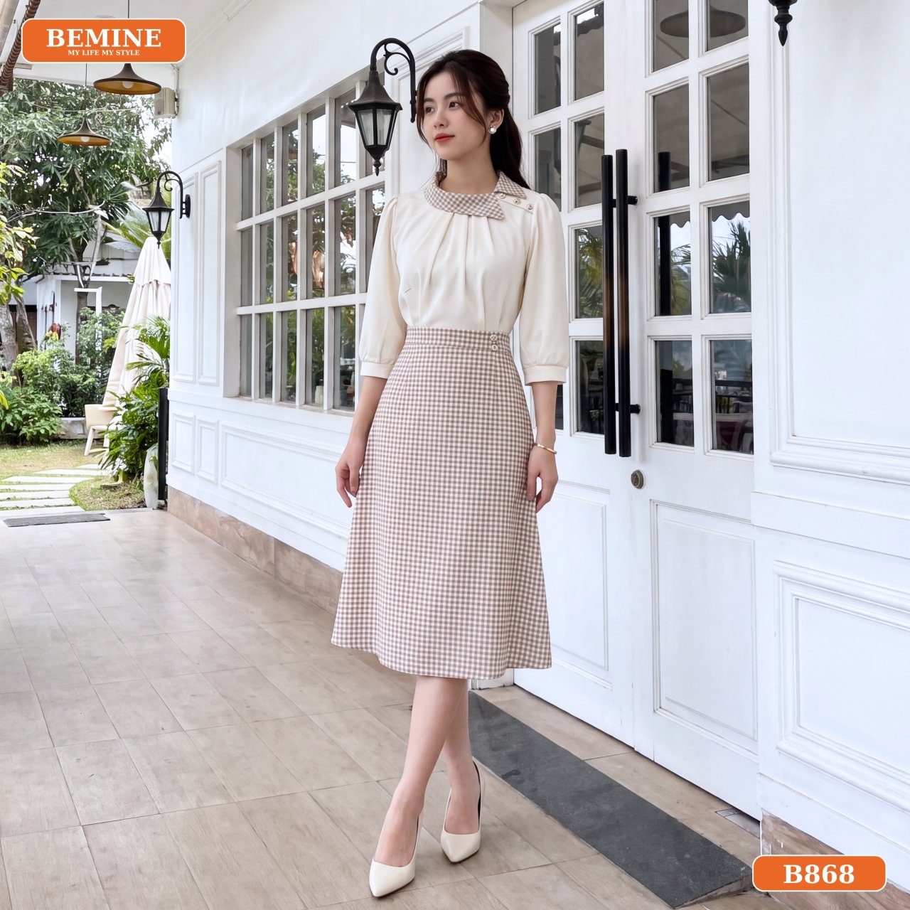 Chi tiết đầm chữ A caro B868 dáng chữ A tôn dáng