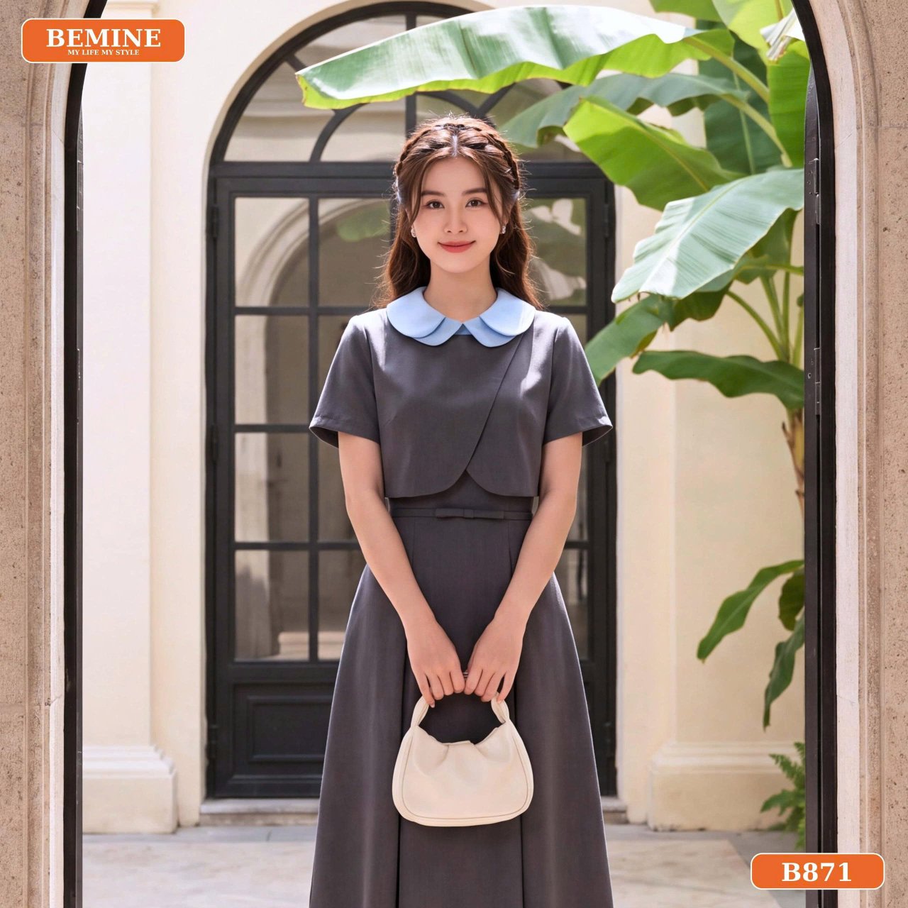 Đầm dáng chữ A cổ sen B871 chi tiết cổ sen phối vạt
