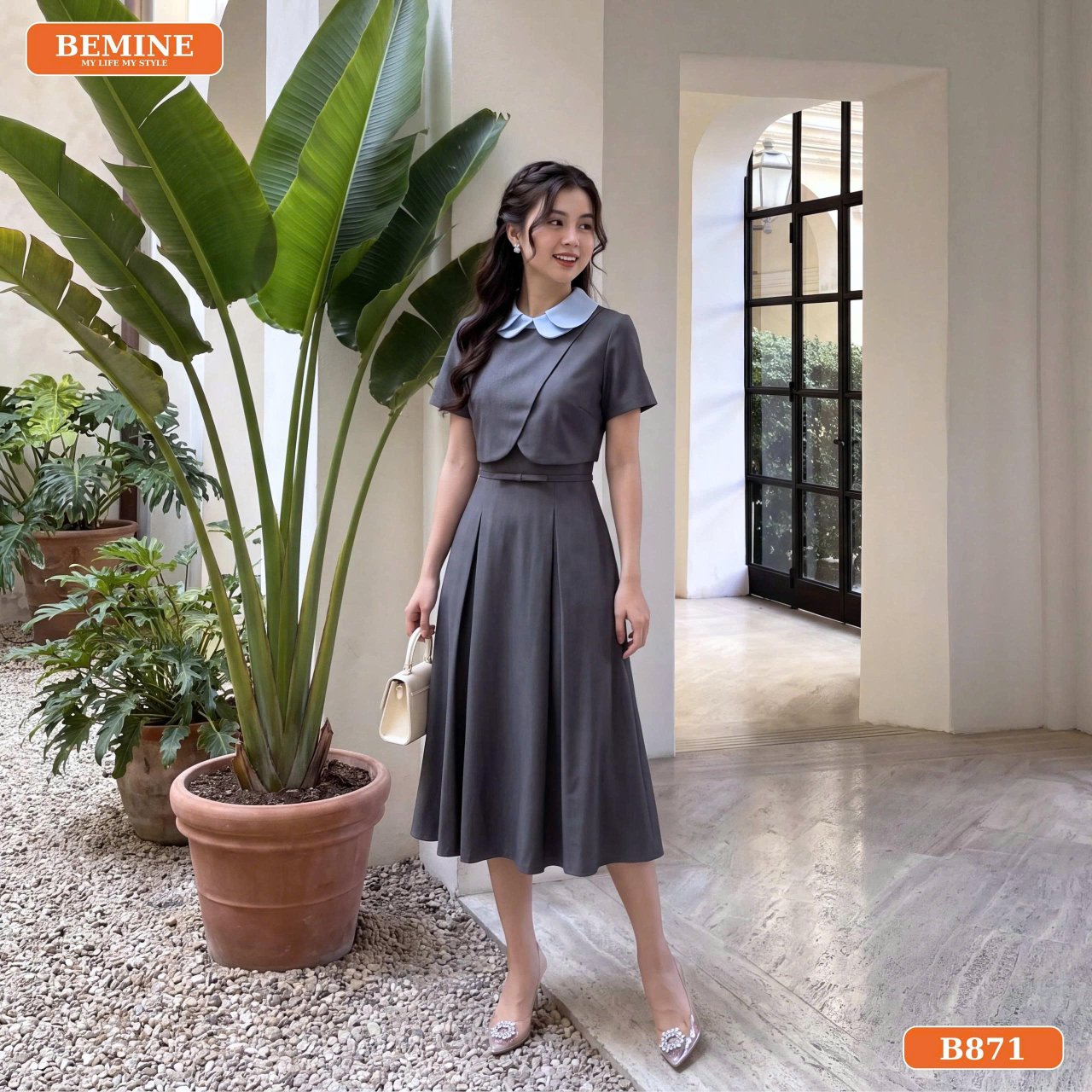 Phối đồ đầm dáng chữ A cổ sen B871 đi làm
