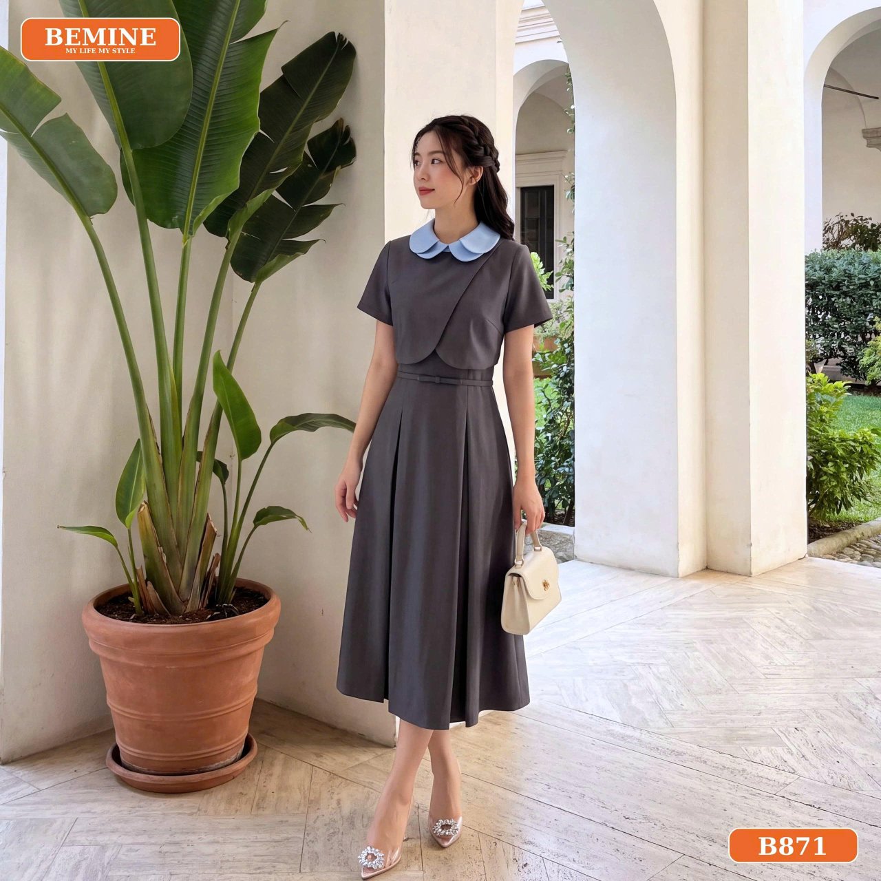 Đầm dáng chữ A cổ sen B871 kết hợp phụ kiện