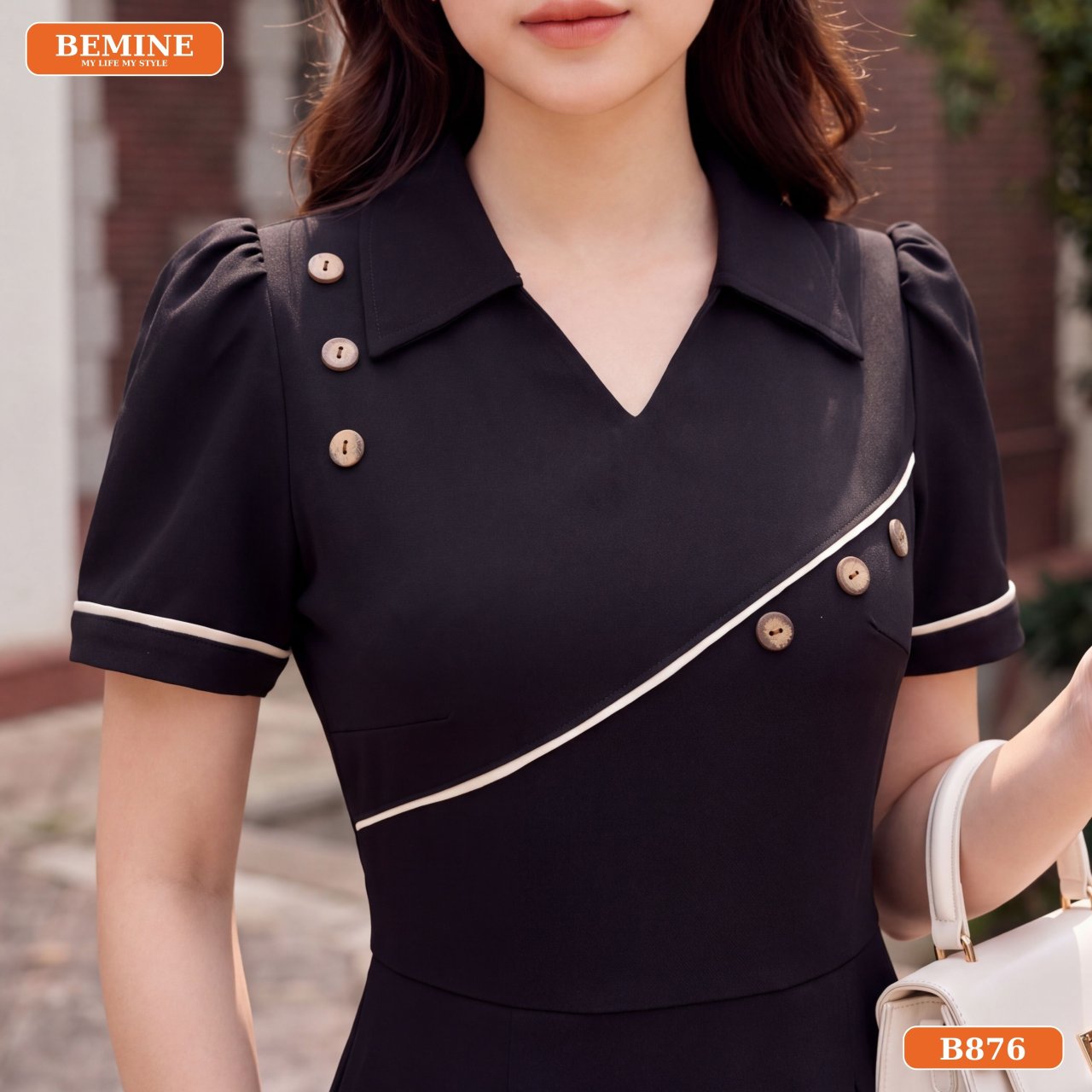 Chất vải cotton Thái thanh lịch đầm thiết kế cổ sơ mi B876