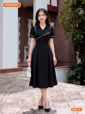Đầm thiết kế cổ sơ mi B876 phom chữ A chạy viền chỉ thanh lịch