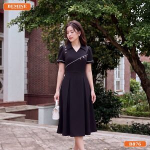 Chi tiết cổ sơ mi chạy viền chỉ đầm B876 BEMINE