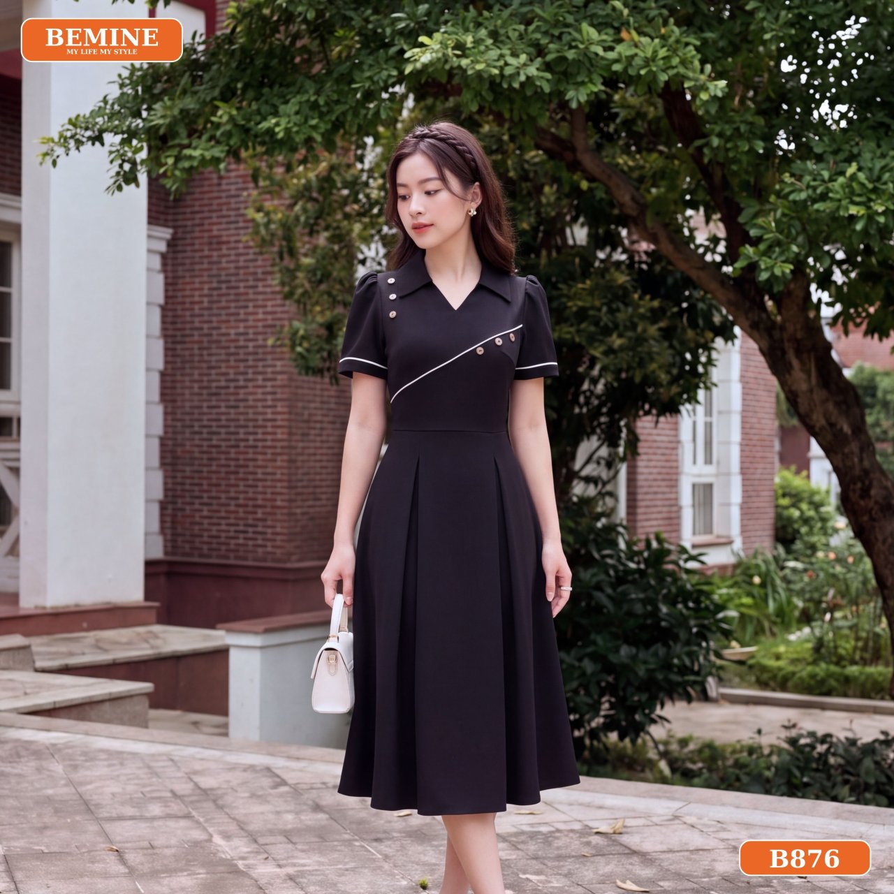 Chi tiết cổ sơ mi chạy viền chỉ đầm B876 BEMINE