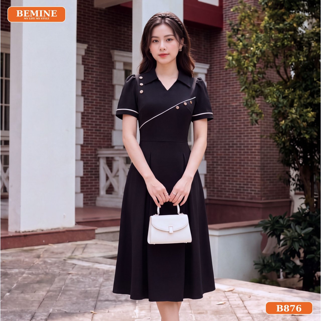 Gợi ý phối đầm thiết kế cổ sơ mi B876 đi làm công sở