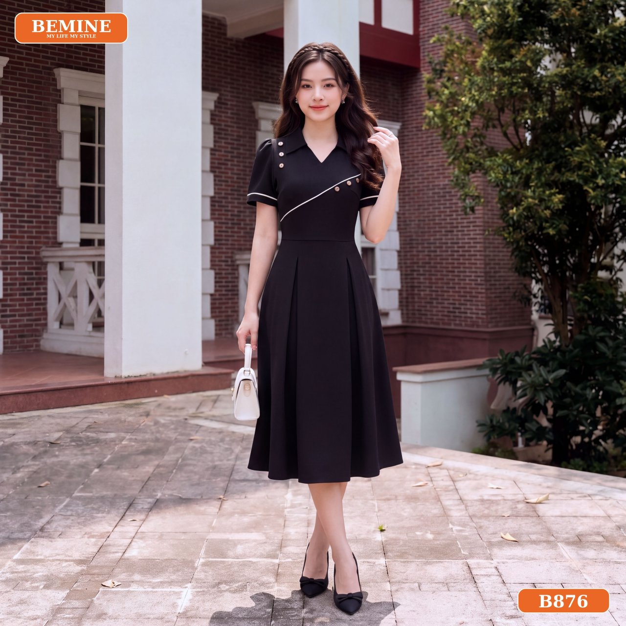 Đầm cổ sơ mi dáng chữ A B876 phối phụ kiện túi xách