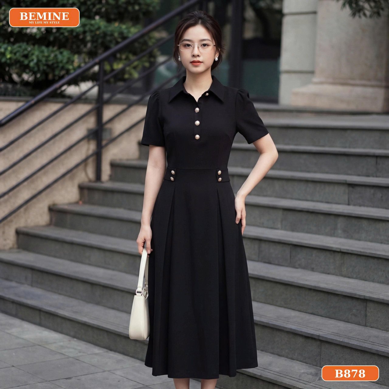 Đầm dáng chữ A B878 kết hợp phụ kiện công sở