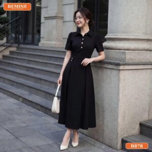 Chi tiết cổ sơ mi đính nút trang trí trên đầm B878