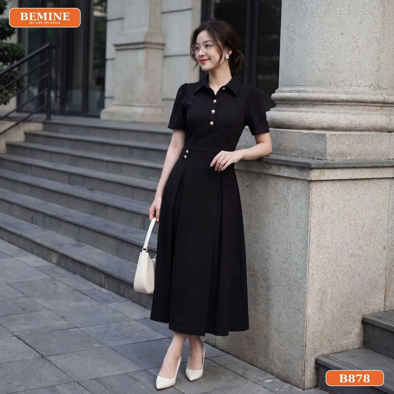 Chi tiết cổ sơ mi đính nút trang trí trên đầm B878