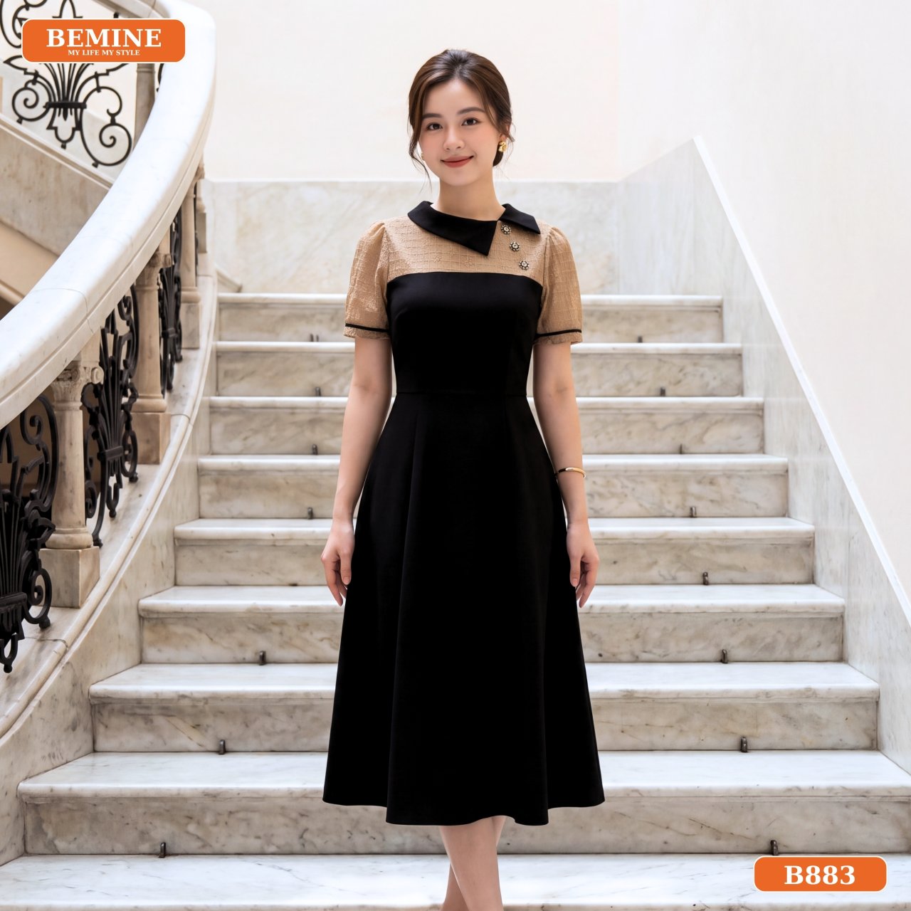 Trang phục đầm thiết kế BEMINE cổ lệch B883 phù hợp đi làm