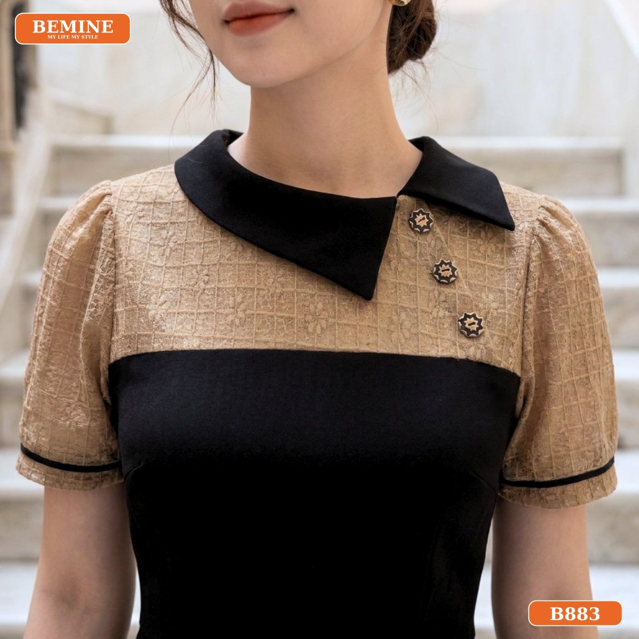 Đường may tỉ mỉ của đầm thiết kế BEMINE cổ lệch phối viền dáng chữ A B883