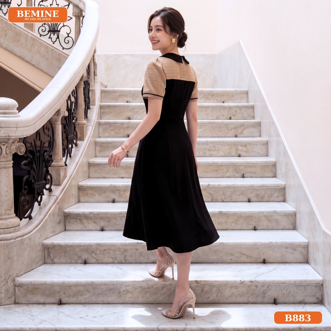 Góc nghiêng đầm thiết kế BEMINE cổ lệch phối viền dáng chữ A B883