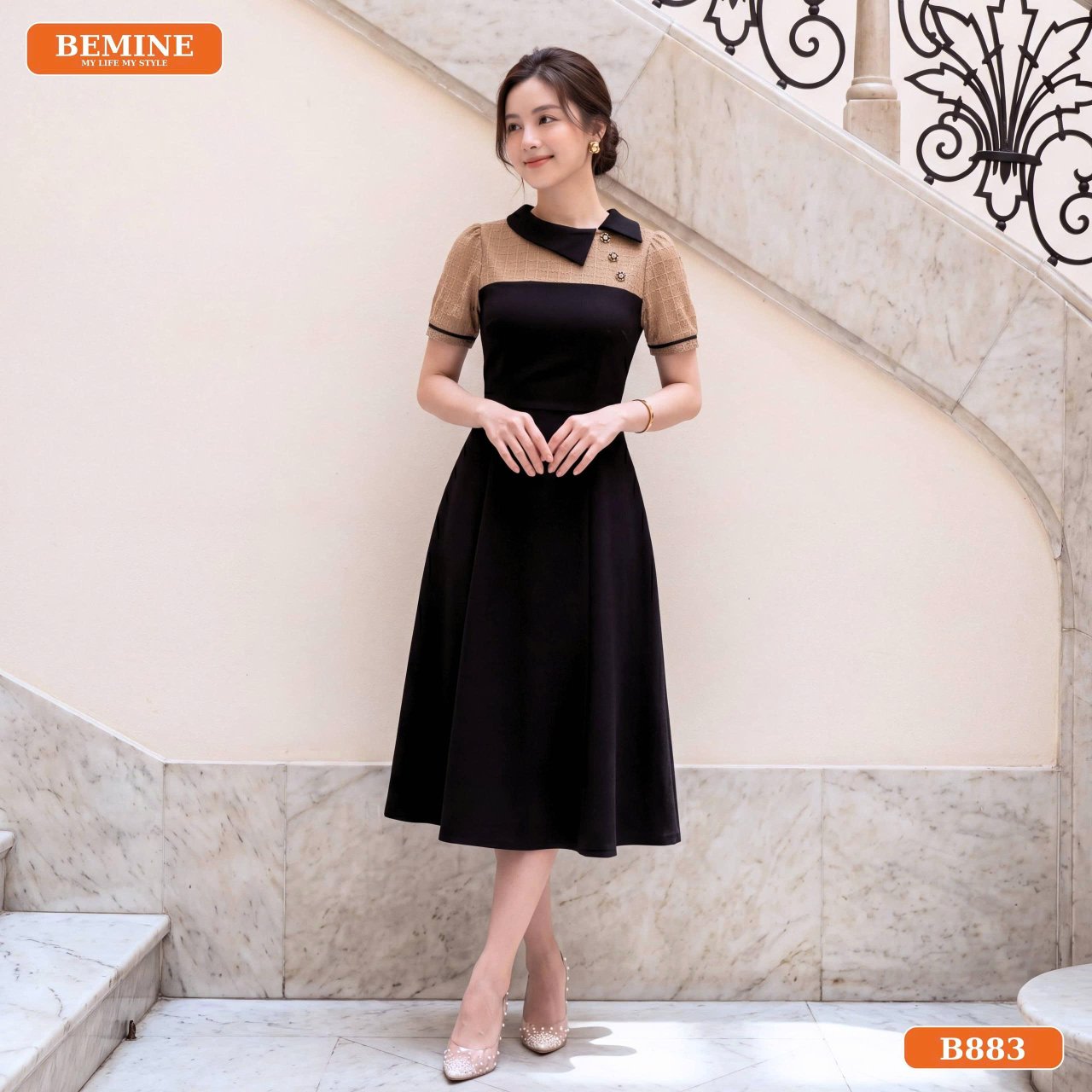 Gợi ý phối phụ kiện với đầm thiết kế BEMINE cổ lệch phối viền dáng chữ A B883
