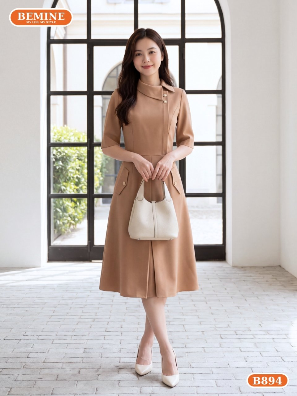 đầm thiết kế cổ lệch phối nút dáng chữ A B894