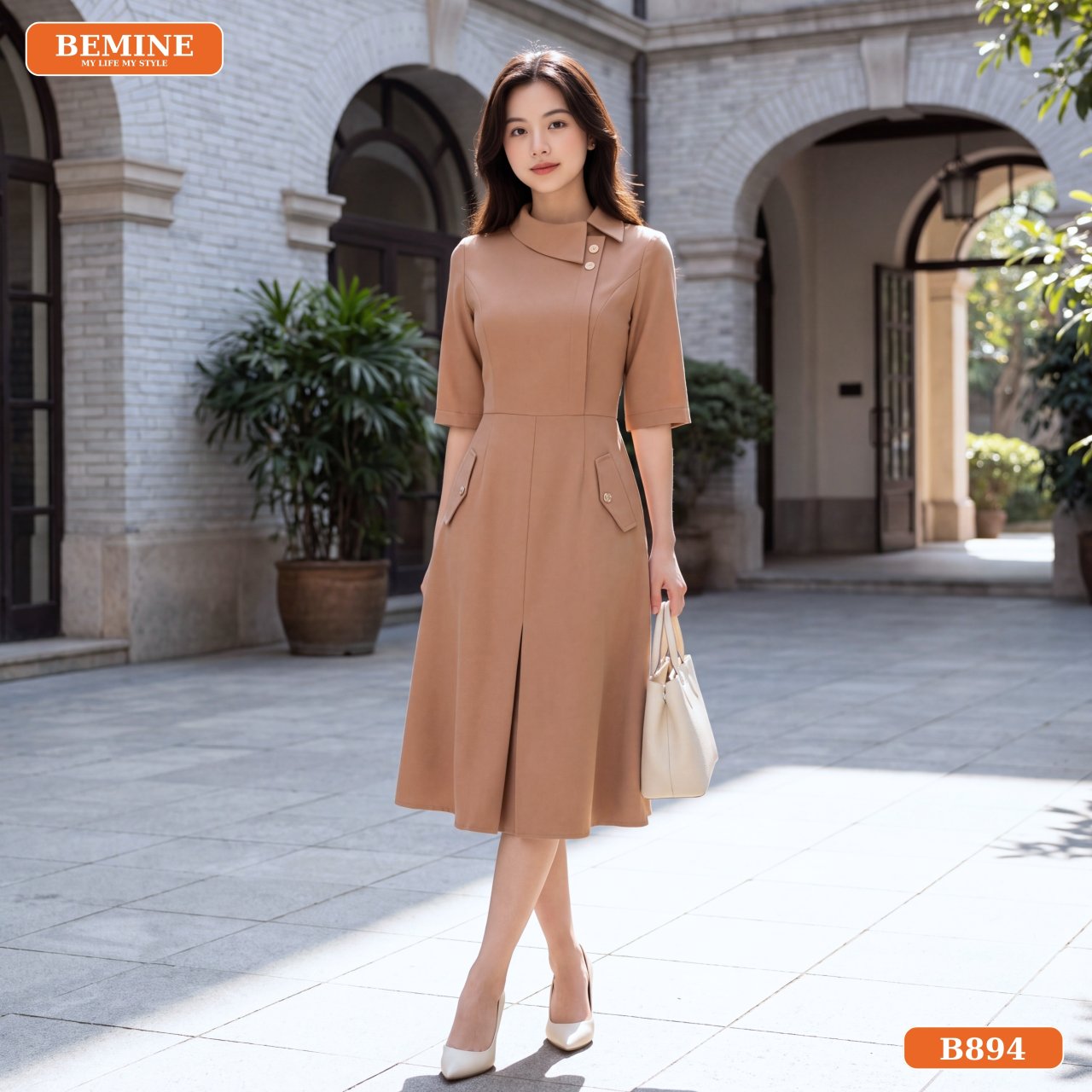 Phối đồ cùng đầm thiết kế BEMINE cổ lệch B894