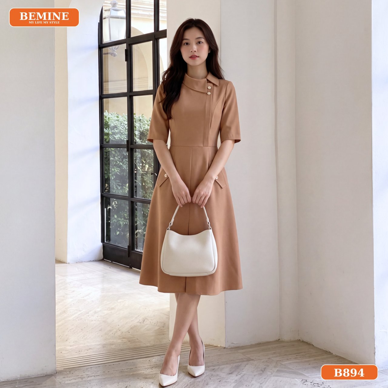 Chi tiết cổ lệch phối nút đầm BEMINE B894