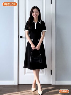 Đầm cổ sơ mi xẻ V B898 dáng chữ A thanh lịch