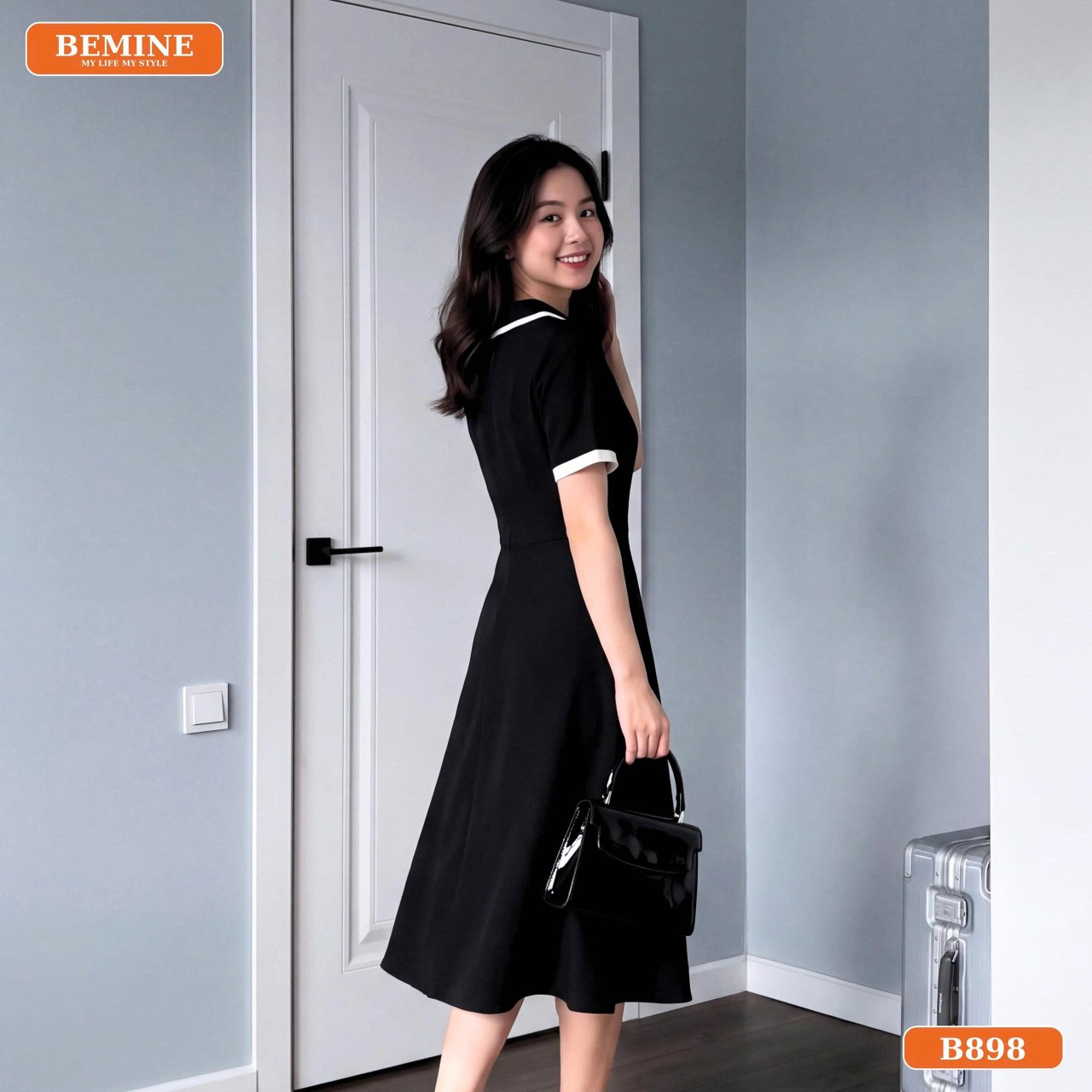 Tổng thể phom dáng đầm chữ A thiết kế B898