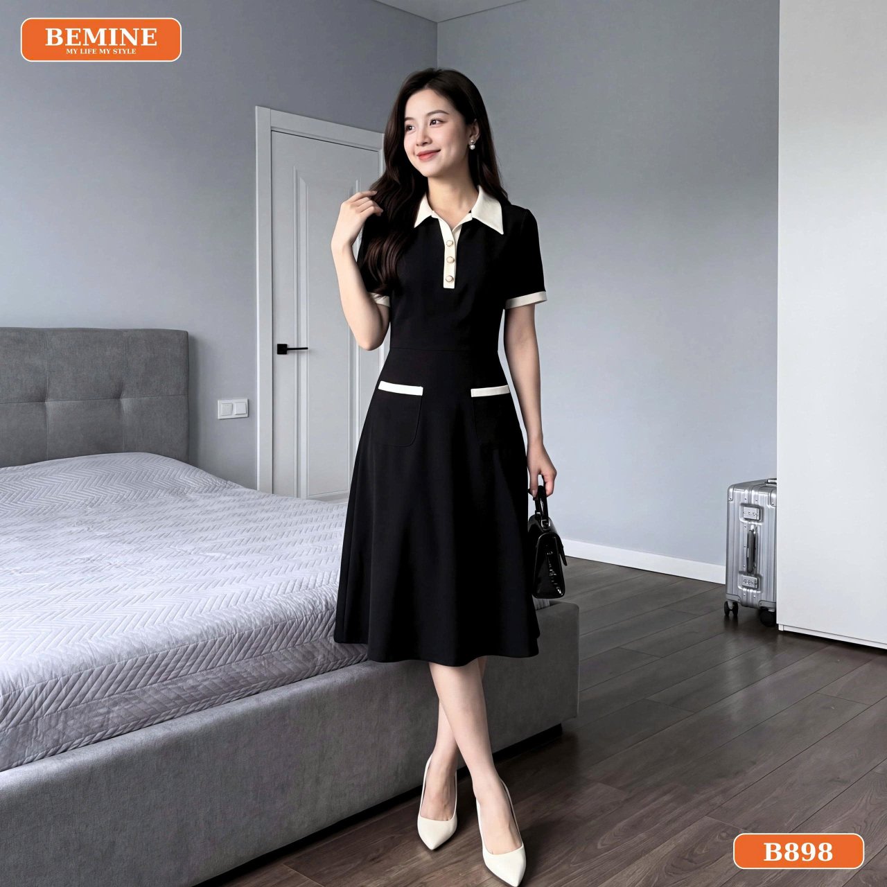 Góc nghiêng đầm chữ A cổ sơ mi xẻ V B898