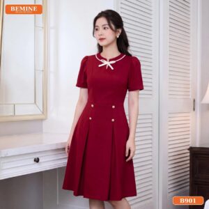 Chi tiết cổ tròn phối nơ trên đầm công sở B901 BEMINE
