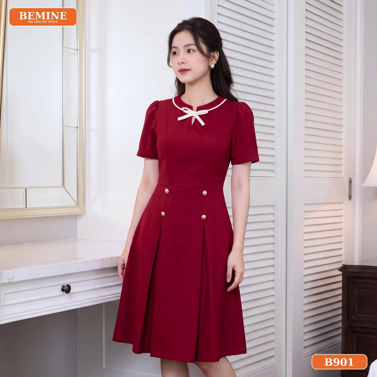 Chi tiết cổ tròn phối nơ trên đầm công sở B901 BEMINE