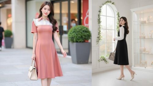 Đầm Công Sở Dáng Xòe Dài Qua Gối Cho Người U40 Tôn Vóc Dáng Thanh Lịch hình ảnh