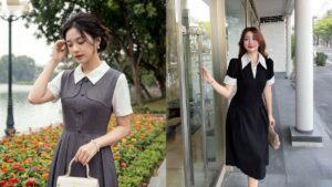 Áo kiểu cổ vuông phối chân váy dài đi làm thanh lịch hình ảnh