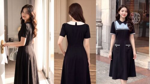 Mẫu đầm đen gấm thêu sang trọng đi tiệc dịp Tết tôn quý phái hình ảnh