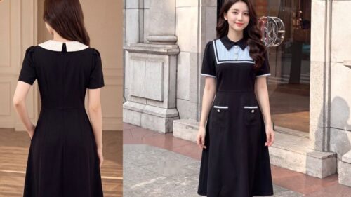 Mẫu đầm đen gấm thêu sang trọng đi tiệc dịp Tết tôn quý phái hình ảnh