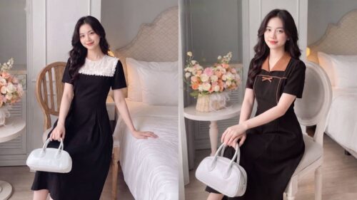 Mẫu Đầm Đen Công Sở Tay Dài Thu Đông Cho Phụ Nữ Tuổi 40 Tôn Dáng hình ảnh