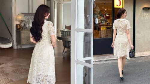 Mẫu đầm ren dáng xòe giấu bụng cho U40 đi tiệc sang trọng hình ảnh