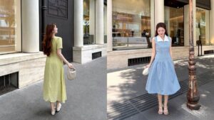10 mẫu đầm chữ A dài qua gối tôn dáng cho phái đẹp hình ảnh