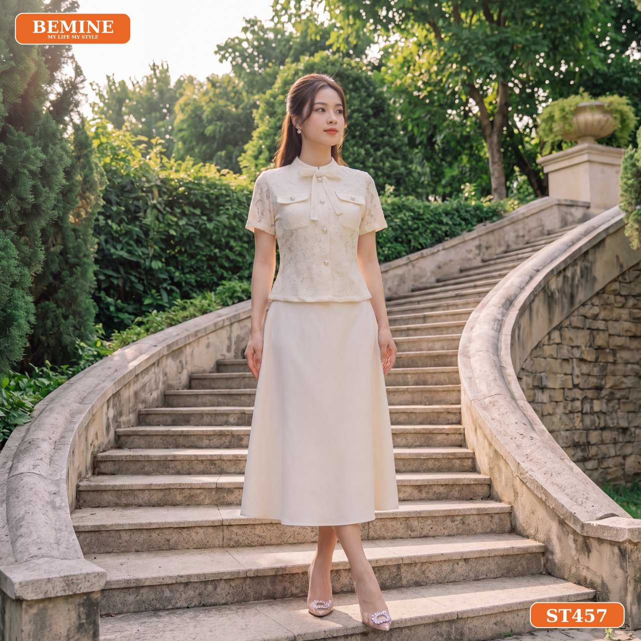 Phối đồ công sở cùng set áo cổ trụ ren hoa chân váy dài ST457